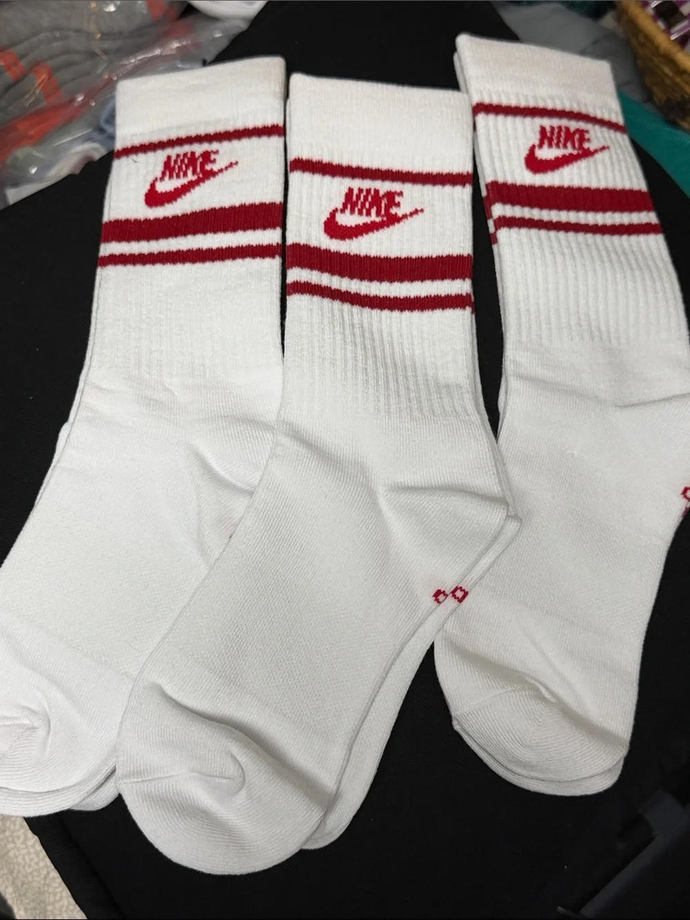 Nike White Crew Athletic Socks with Red Swoosh and Stripes